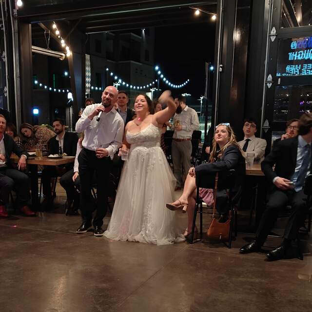 Bride and groom at their wedding reception after-party
